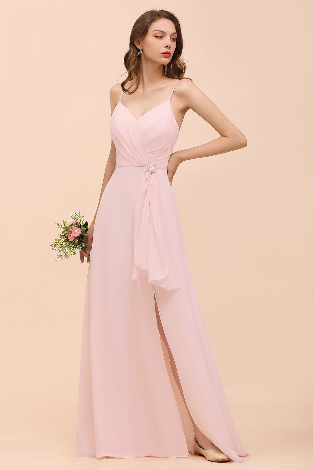 Long A-line V-neck Spaghetti Straps Ruffle Blushing Pink Chiffon Bridesmaid Dress