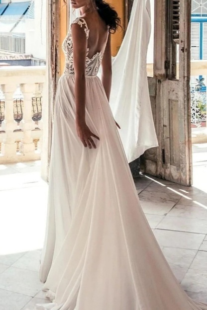 Long A-line V-neck Tulle Lace Wedding Dresses with Slit