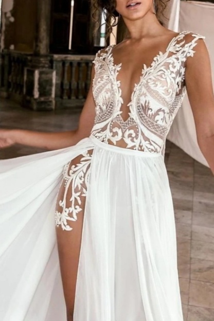 Long A-line V-neck Tulle Lace Wedding Dresses with Slit