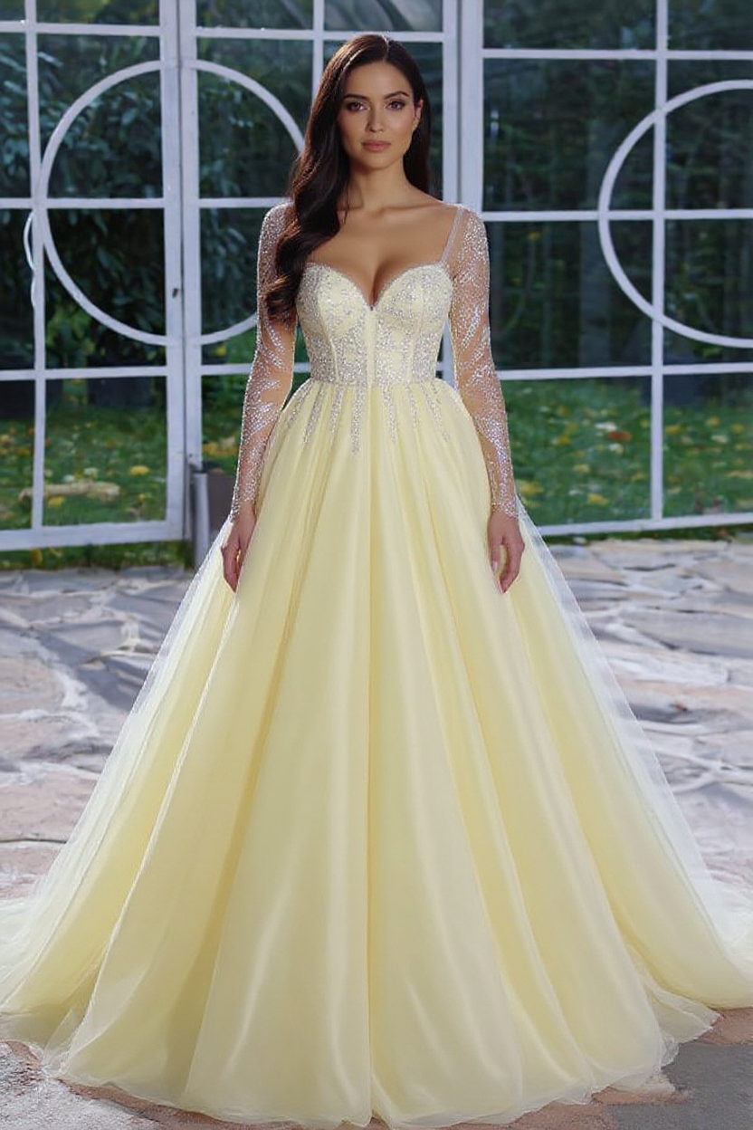 Long A-line V-neck Tulle Prom Dresses with Sleeves