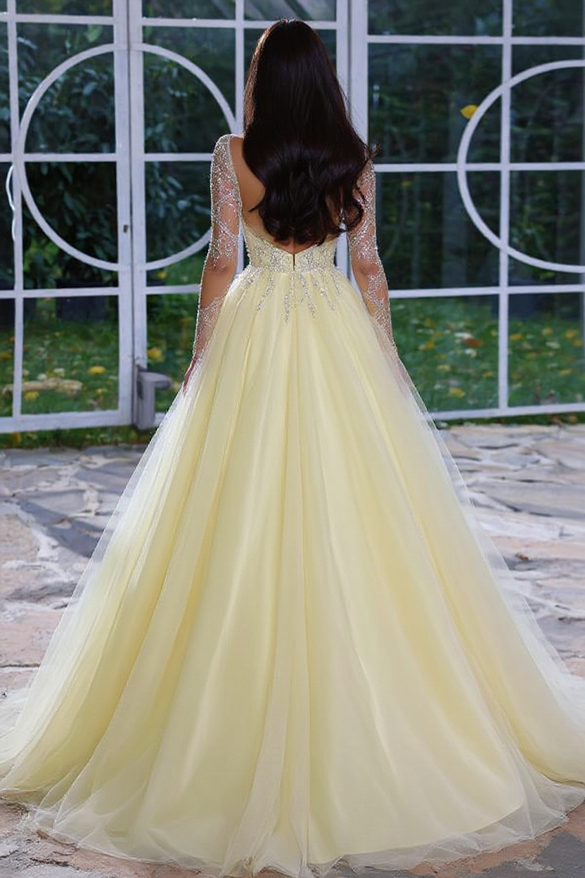 Long A-line V-neck Tulle Prom Dresses with Sleeves