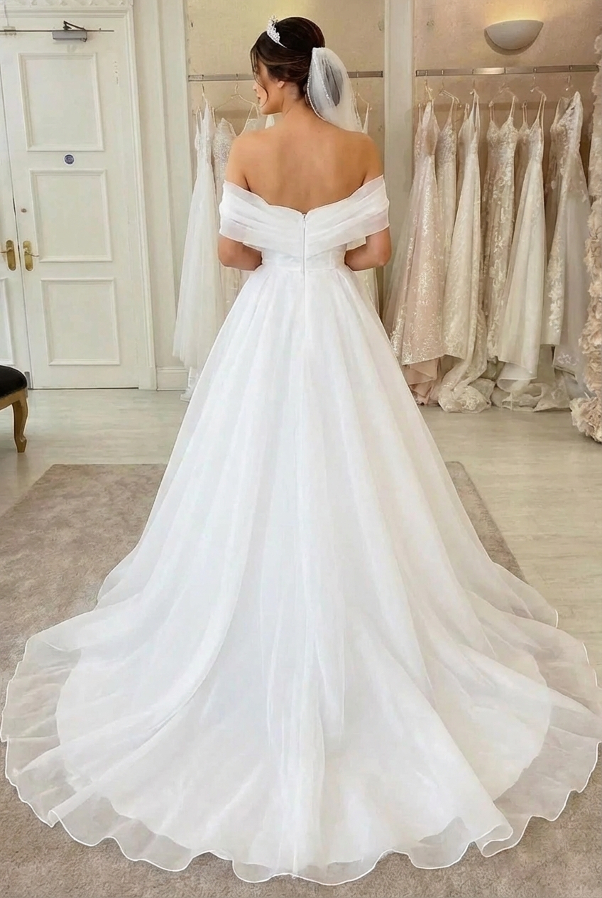 Long A-line off the Shoulder White Wedding Dress