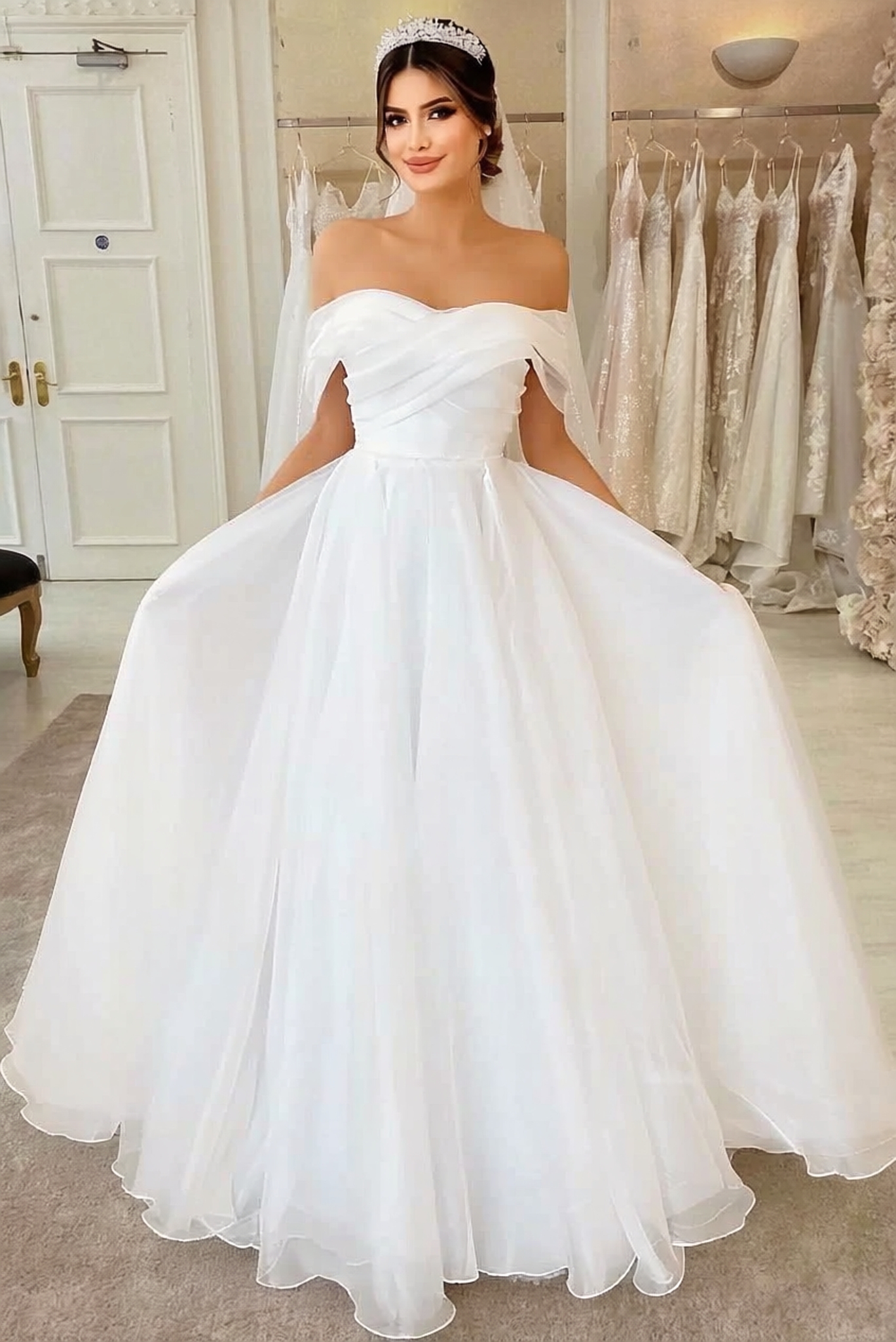 Long A-line off the Shoulder White Wedding Dress