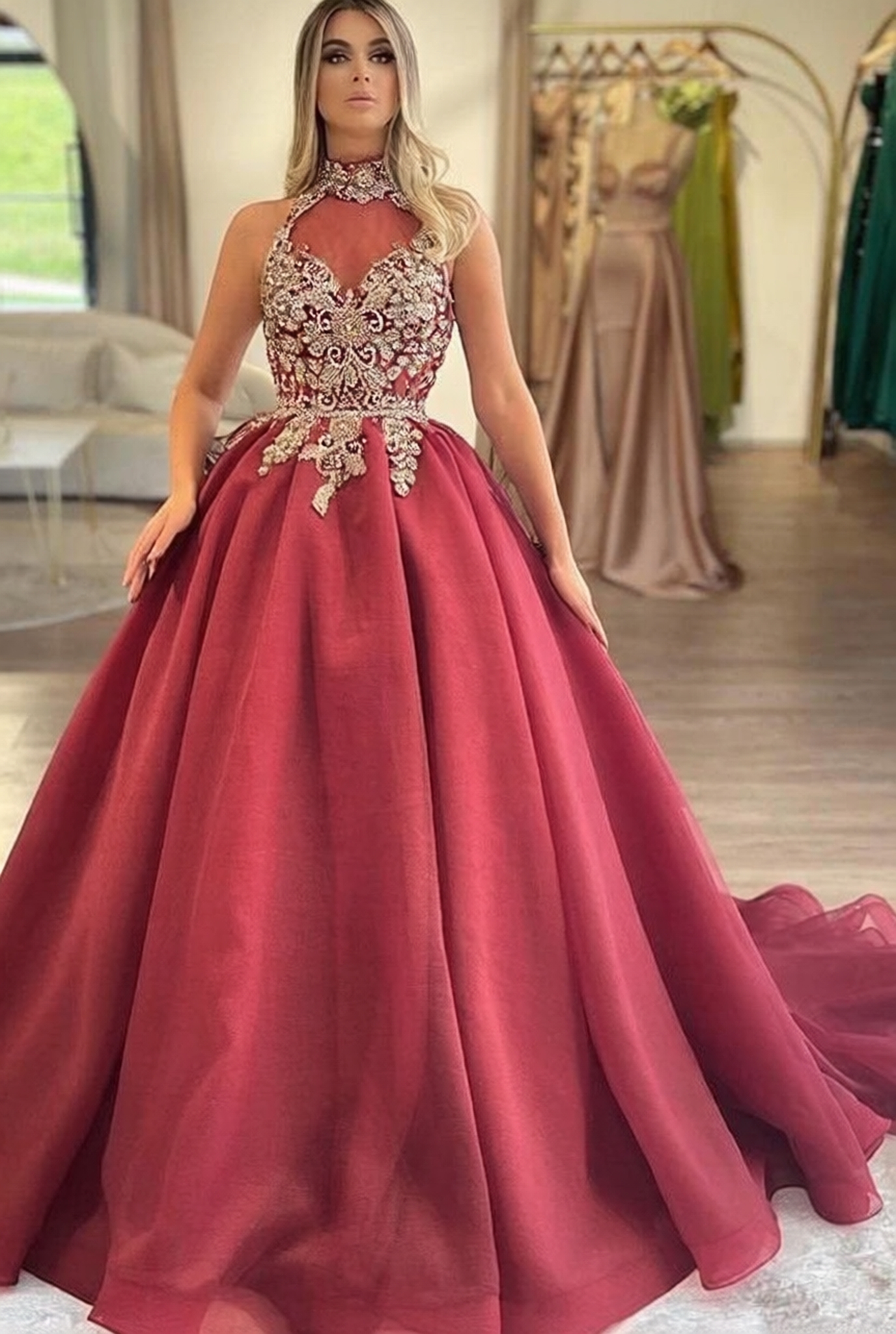 Long Ball Gown High Neck Tulle Evening Formal Dresses With Appliques Lace