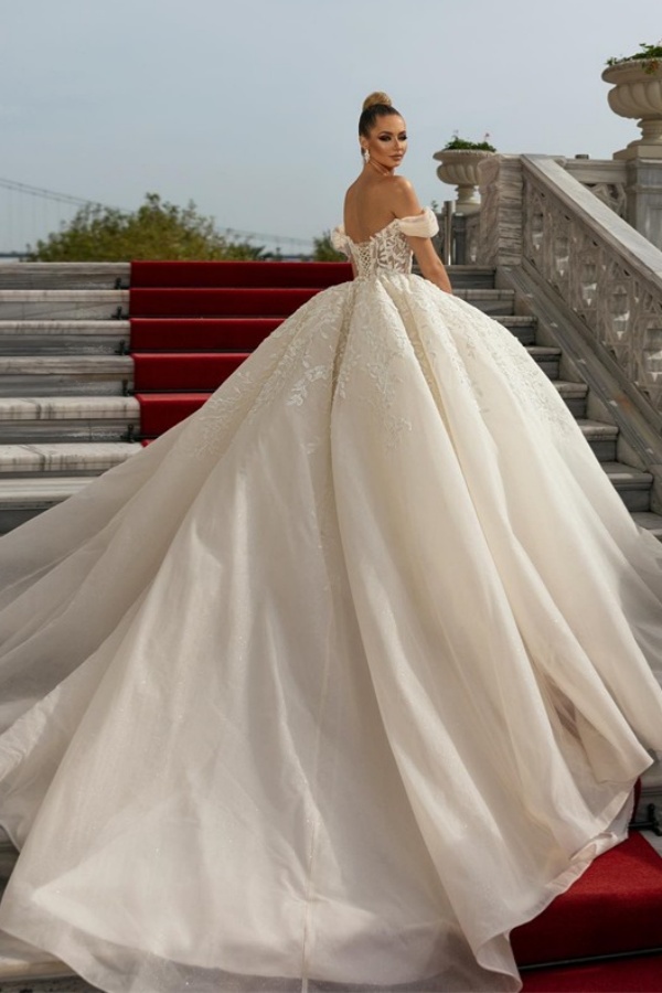 Long Ball Gown Off the Shoulder Organza Lace Wedding Dress