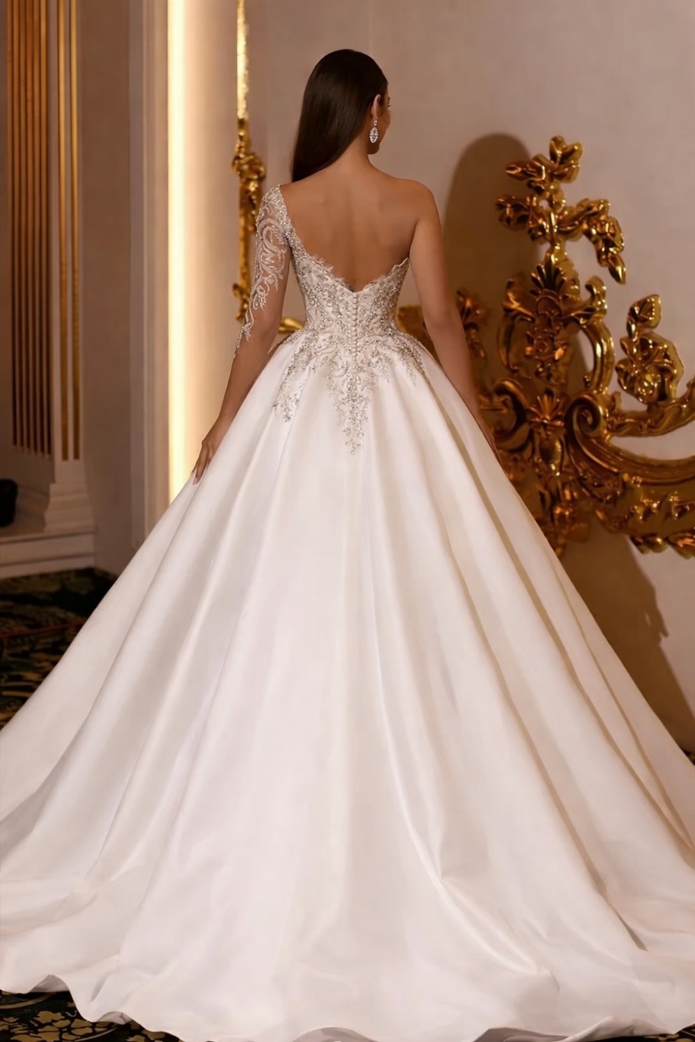 Long Ball Gown One Shoulder Satin Beading Wedding Dresses with Sleeves