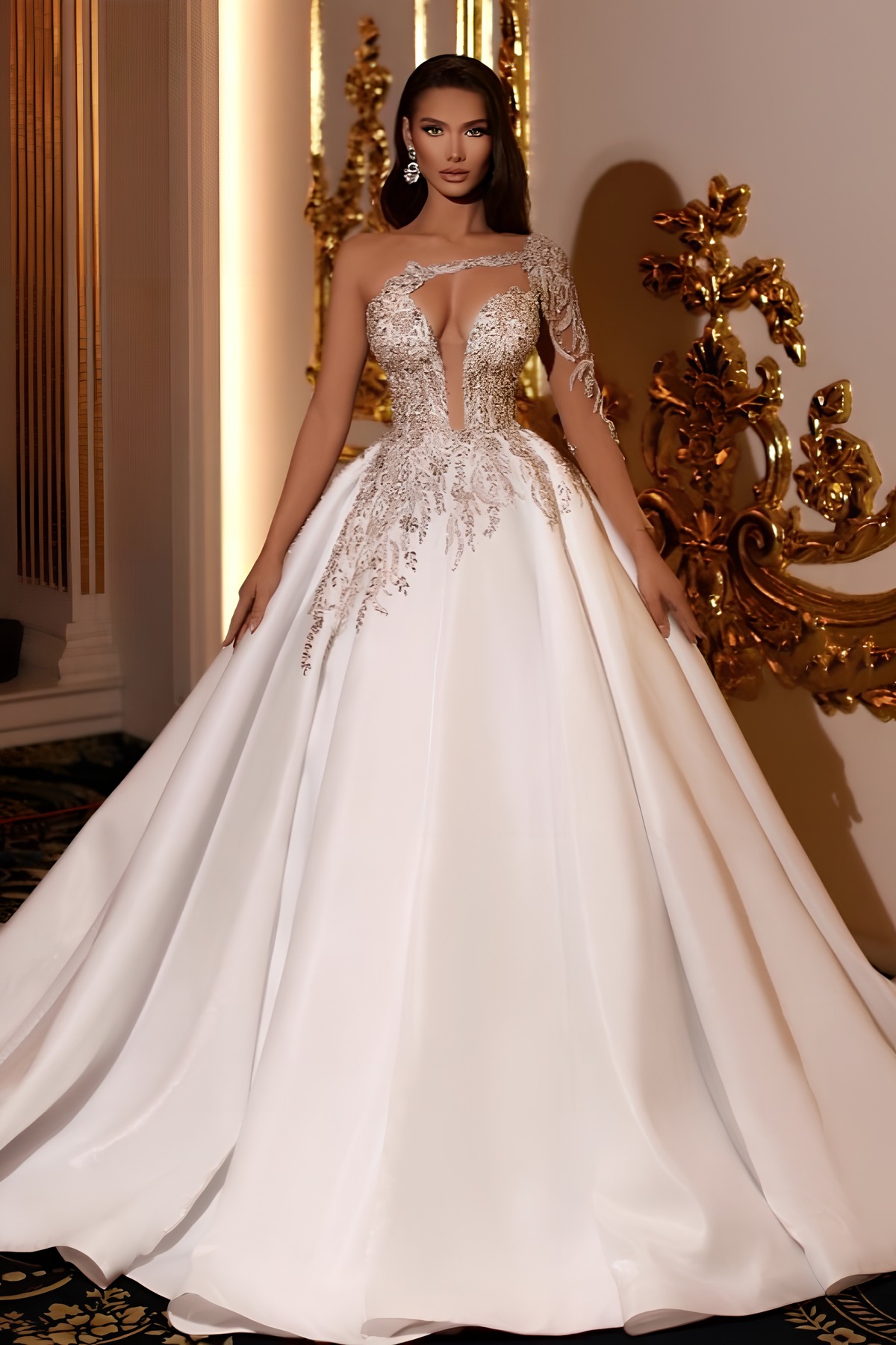 Long Ball Gown One Shoulder Satin Beading Wedding Dresses with Sleeves