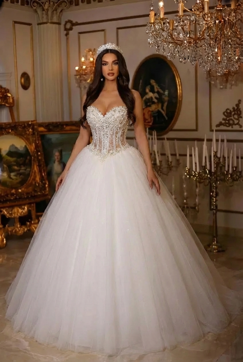 Long Ball Gown Sweetheart  Floor Length Lace Tulle Sleeveless Wedding Dress