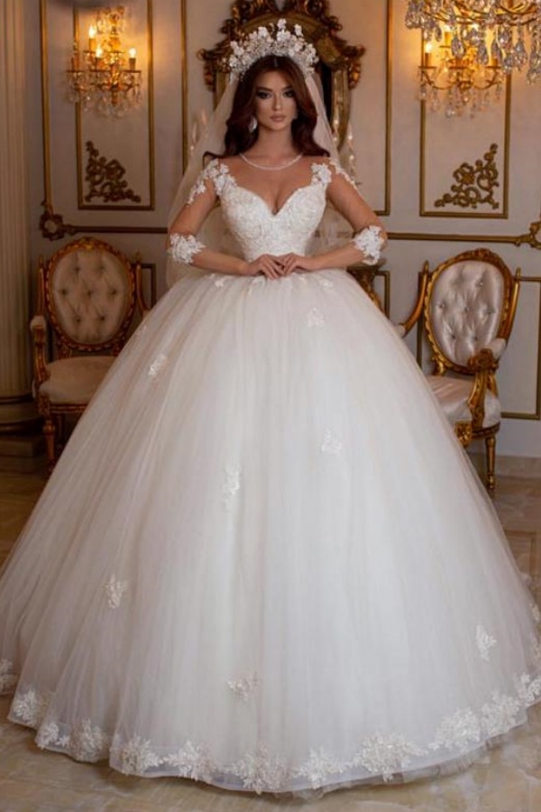 Long Ball Gown Sweetheart Tulle Lace Open Back Wedding Dresses with Sleeves