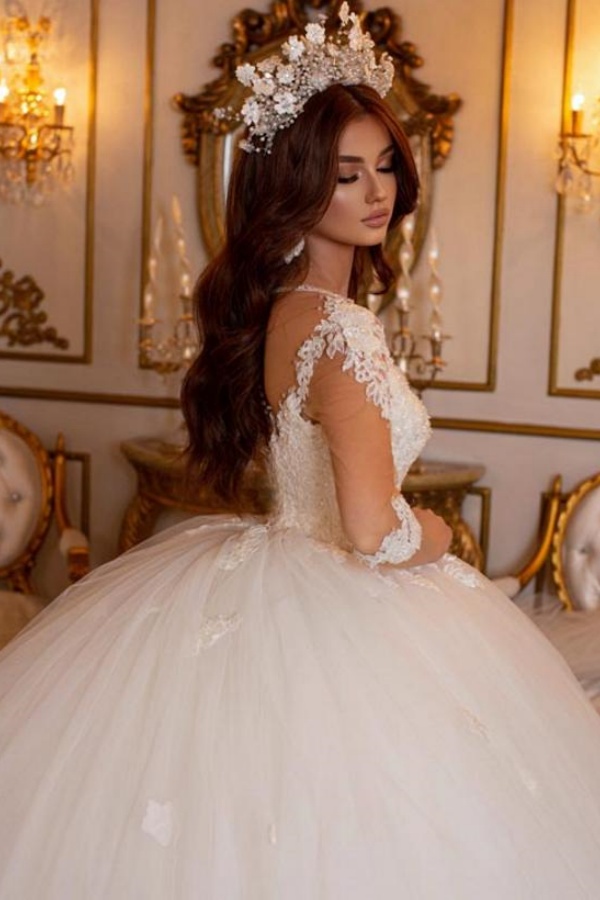 Long Ball Gown Sweetheart Tulle Lace Open Back Wedding Dresses with Sleeves
