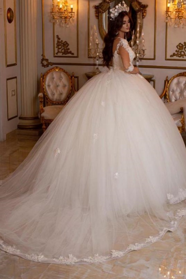 Long Ball Gown Sweetheart Tulle Lace Open Back Wedding Dresses with Sleeves