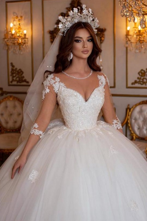 Long Ball Gown Sweetheart Tulle Lace Open Back Wedding Dresses with Sleeves
