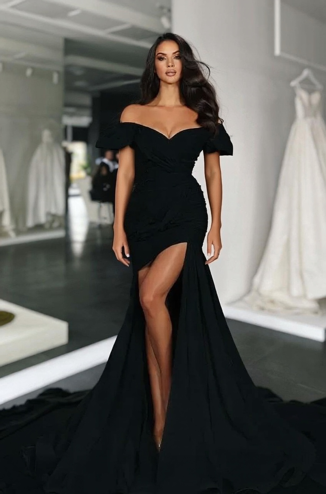 Long Black Mermaid Off The Shoulder Satin Formal Prom Dress with Slit