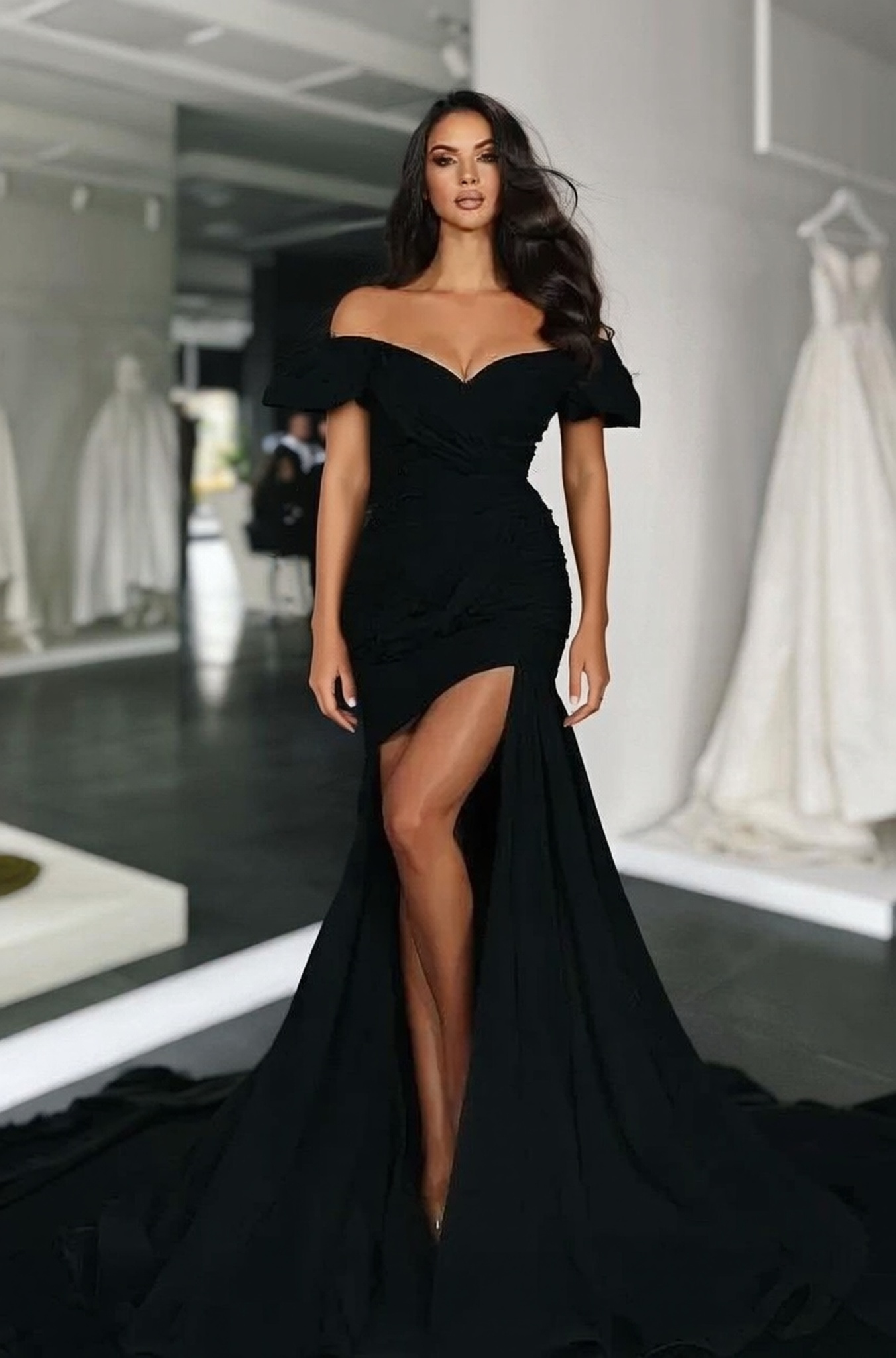 Long Black Mermaid Off The Shoulder Satin Formal Prom Dress with Slit