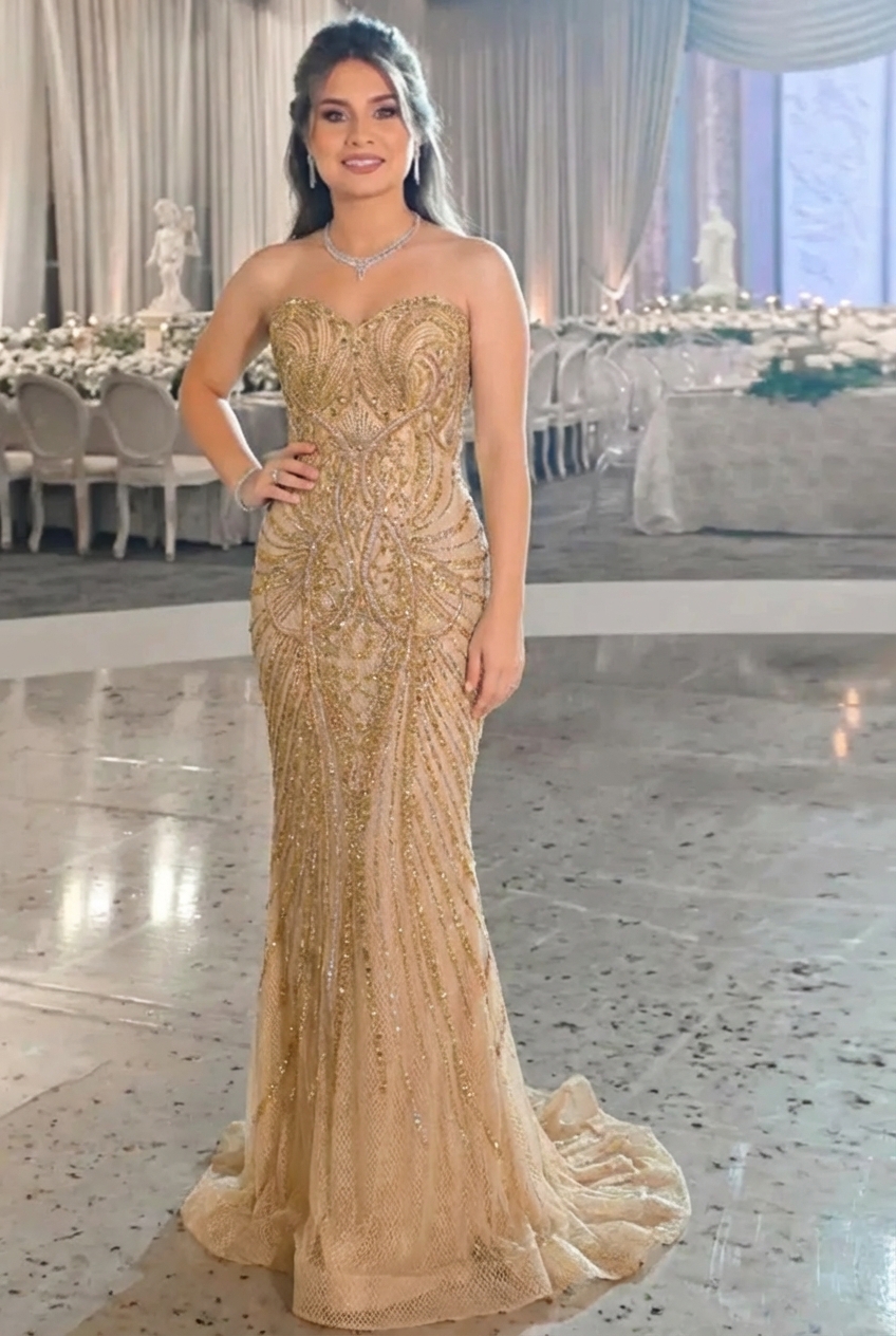 Long Gold Mermaid Strapless Sweetheart Formal Evening Dress with Beads