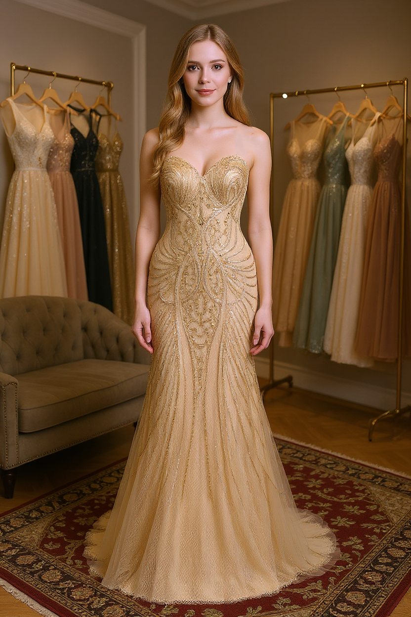 Long Gold Mermaid Strapless Sweetheart Formal Evening Dresses with Beads