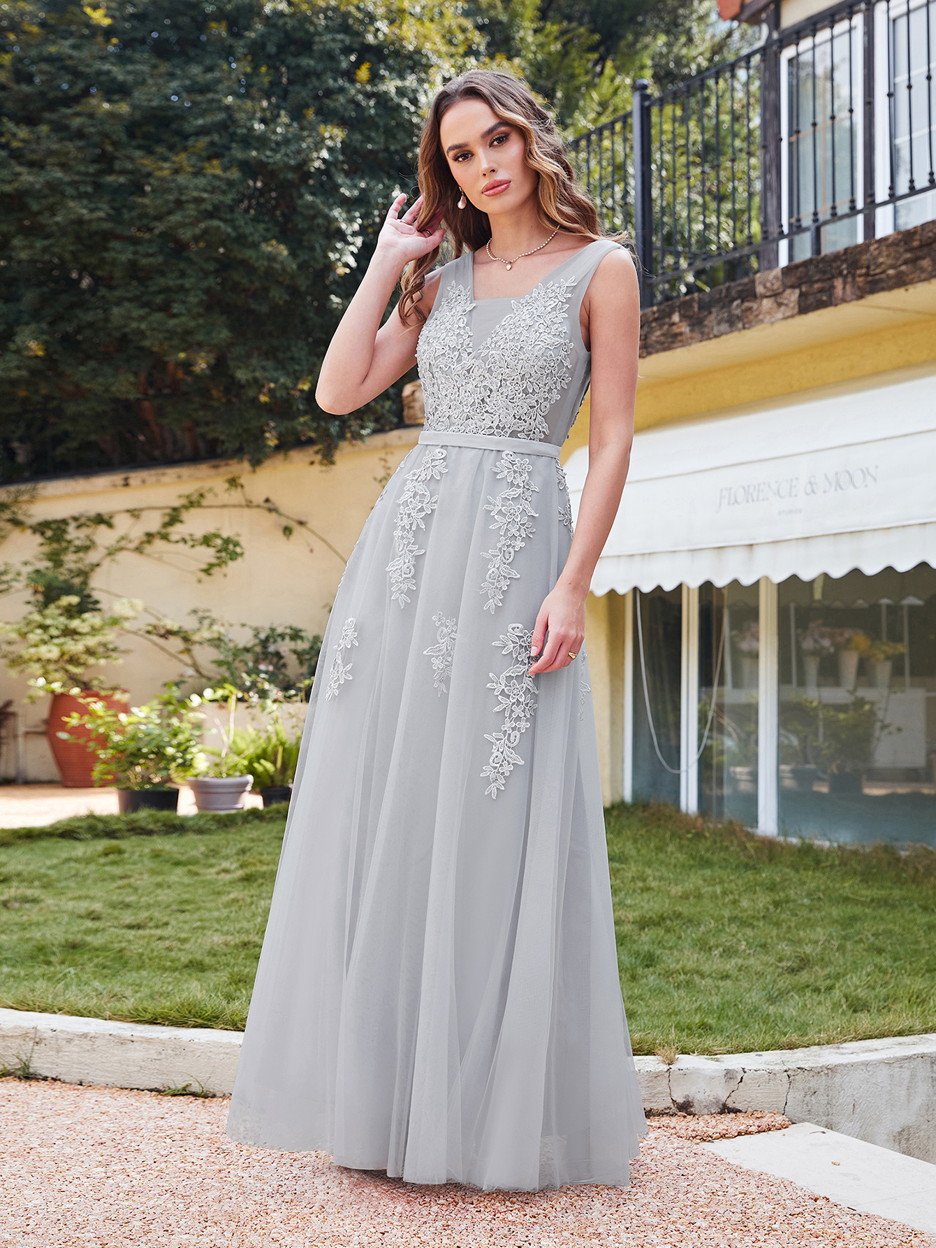Long Lace V-neck Tulle A-line Evening Dress Grey Wedding Guest Dresses