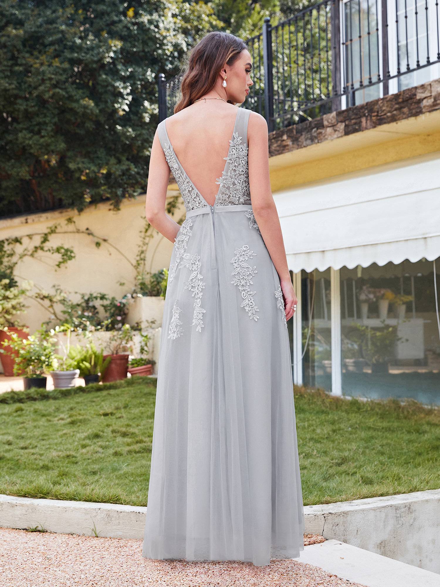 Long Lace V-neck Tulle A-line Evening Dress Grey Wedding Guest Dresses