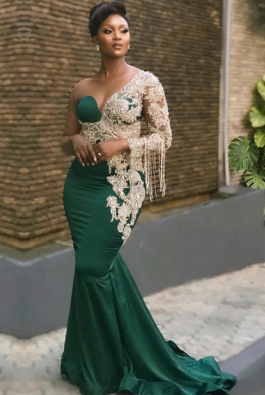 Long Mermaid Appliques One Shoulder Floor Length Formal Evening Dress