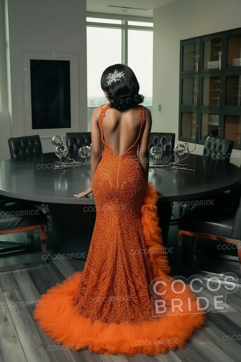 Long Mermaid Crew Neck Sleeveless Beadings Formal Prom Dress with Slit