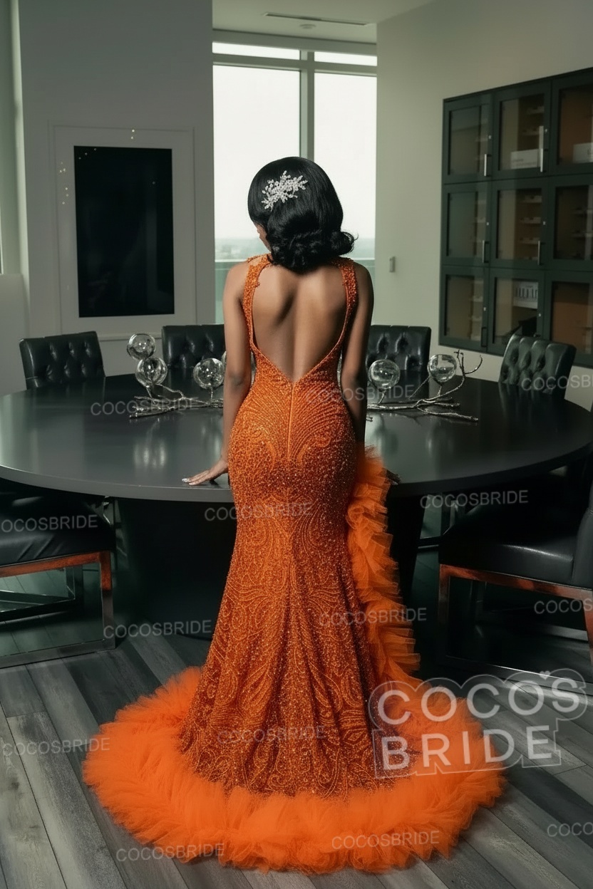 Long Mermaid Crew Neck Sleeveless Beadings Formal Prom Dress with Slit