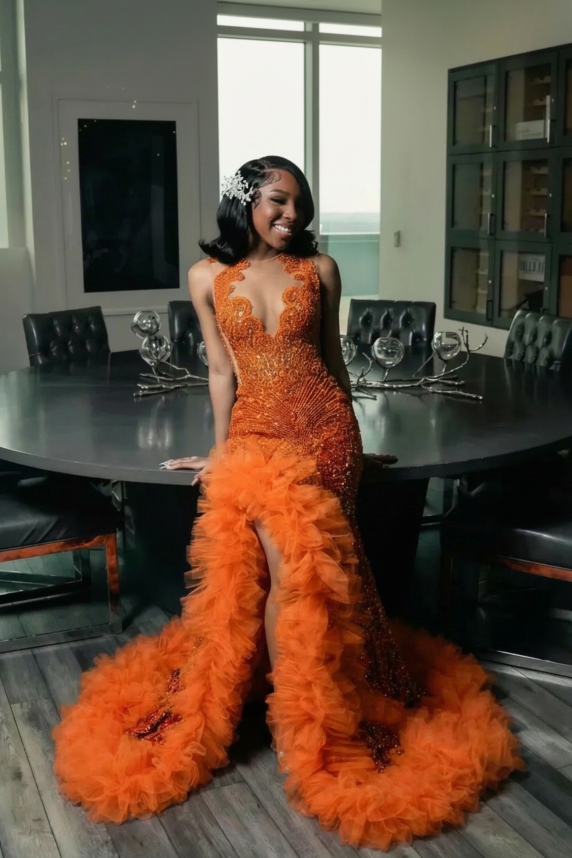 Long Mermaid Crew Neck Sleeveless Beadings Formal Prom Dress with Slit