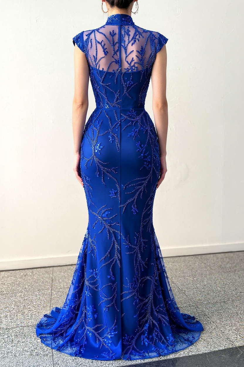 Long Mermaid High Neck Satin Tulle Lace Formal Evening Dresses