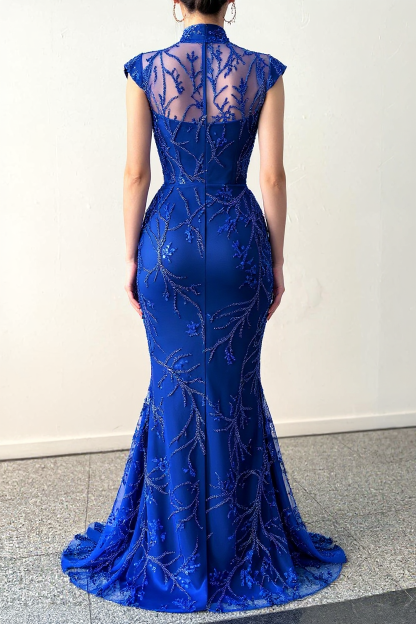 Long Mermaid High Neck Satin Tulle Lace Formal Evening Dresses