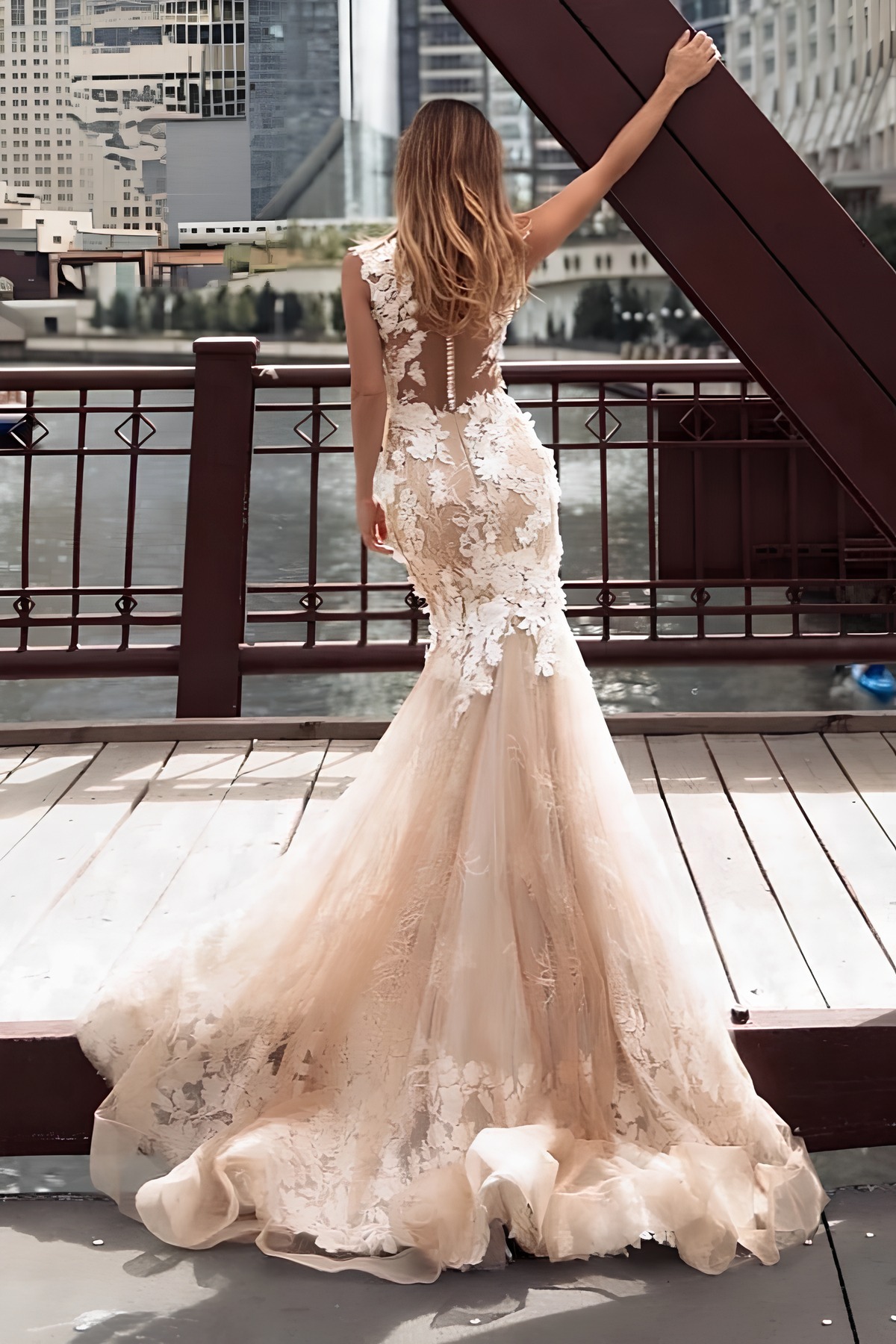 Long Mermaid Jewel Neck Chapel Train Lace Tulle Illusion Detail Backless Wedding Dresses