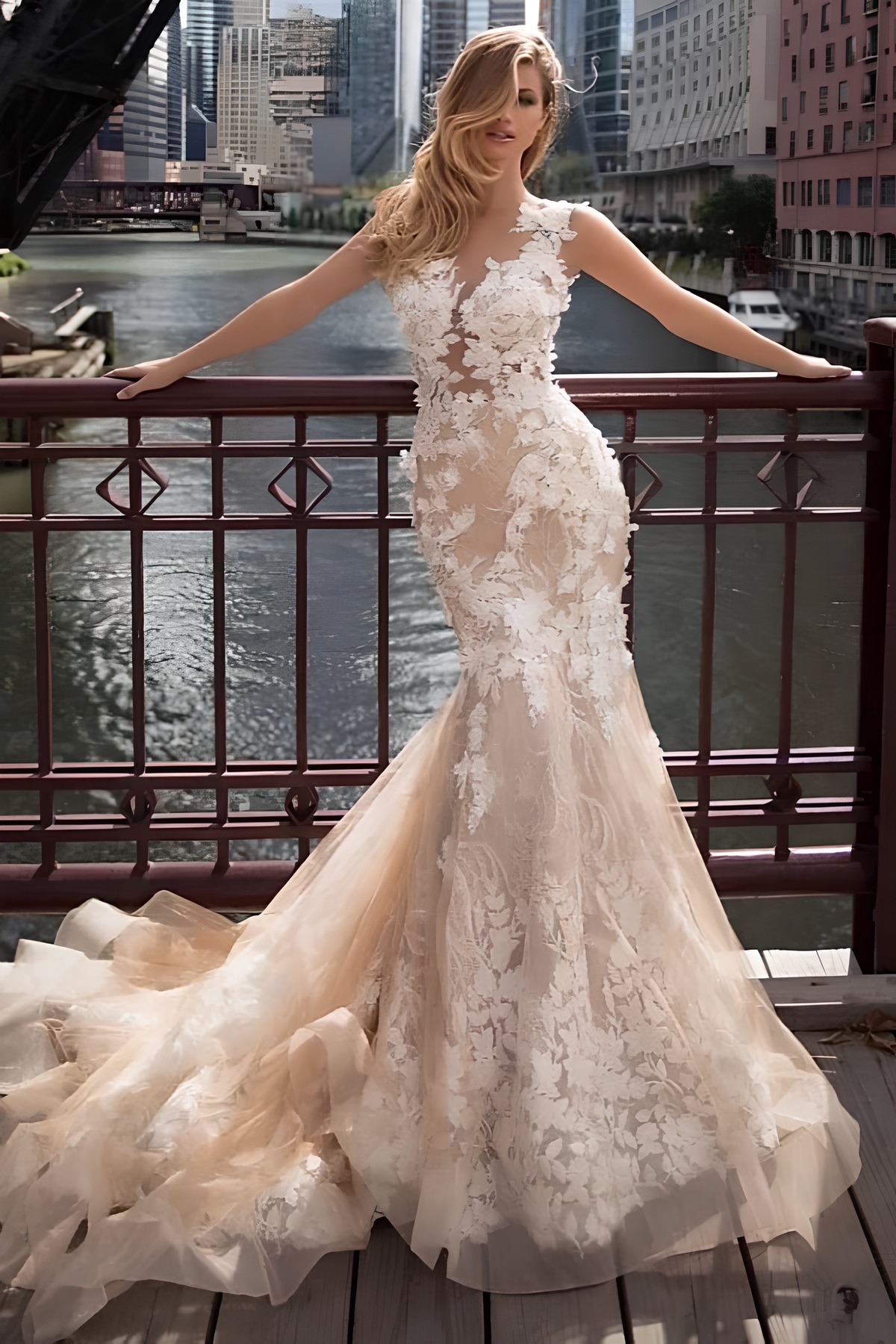 Long Mermaid Jewel Neck Chapel Train Lace Tulle Illusion Detail Backless Wedding Dresses