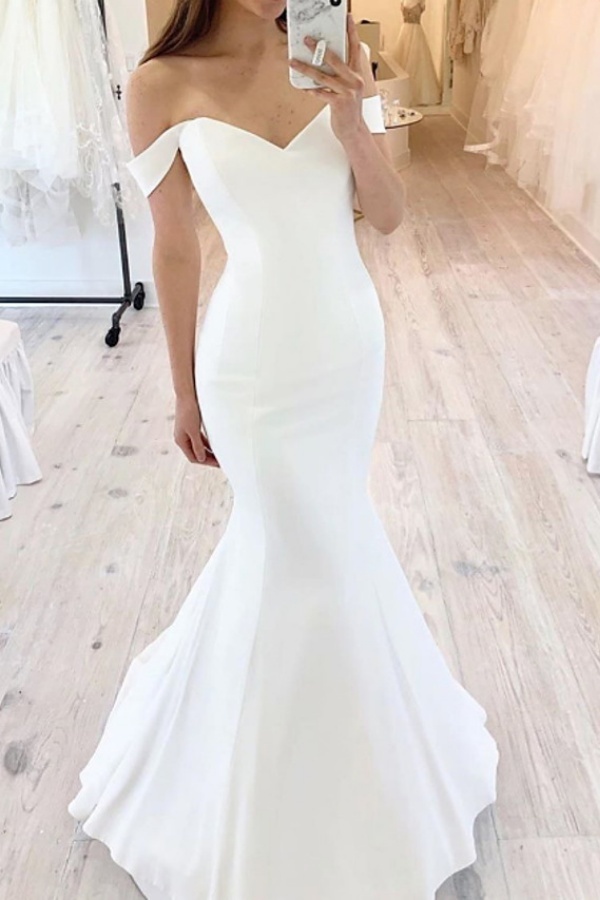 Long Mermaid Off the Shoulder Floor Length Satin White Wedding Dresses