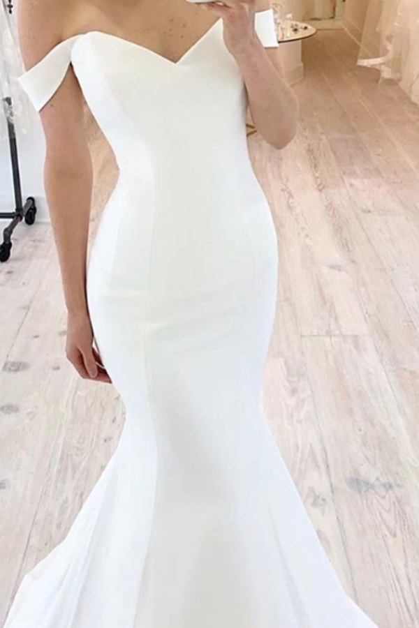 Long Mermaid Off the Shoulder Floor Length Satin White Wedding Dresses