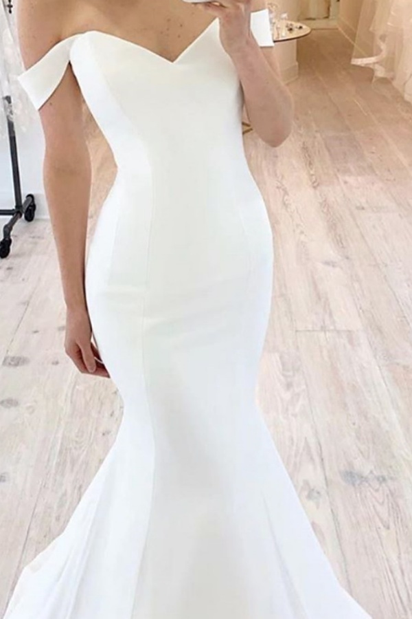 Long Mermaid Off the Shoulder Floor Length Satin White Wedding Dresses