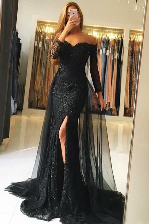 Long Mermaid Off the Shoulder Lace Tulle Front Slit Prom Dress with Sleeves