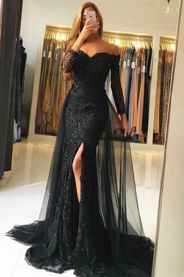 Long Mermaid Off the Shoulder Lace Tulle Front Slit Prom Dress with Sleeves