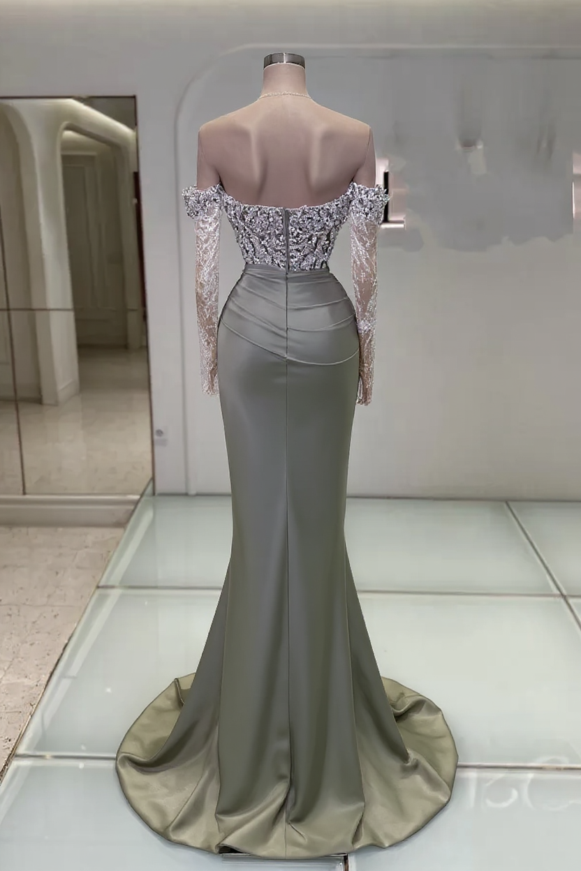 Long Mermaid Off the Shoulder Satin Beadings Prom Dresses with Sleeves