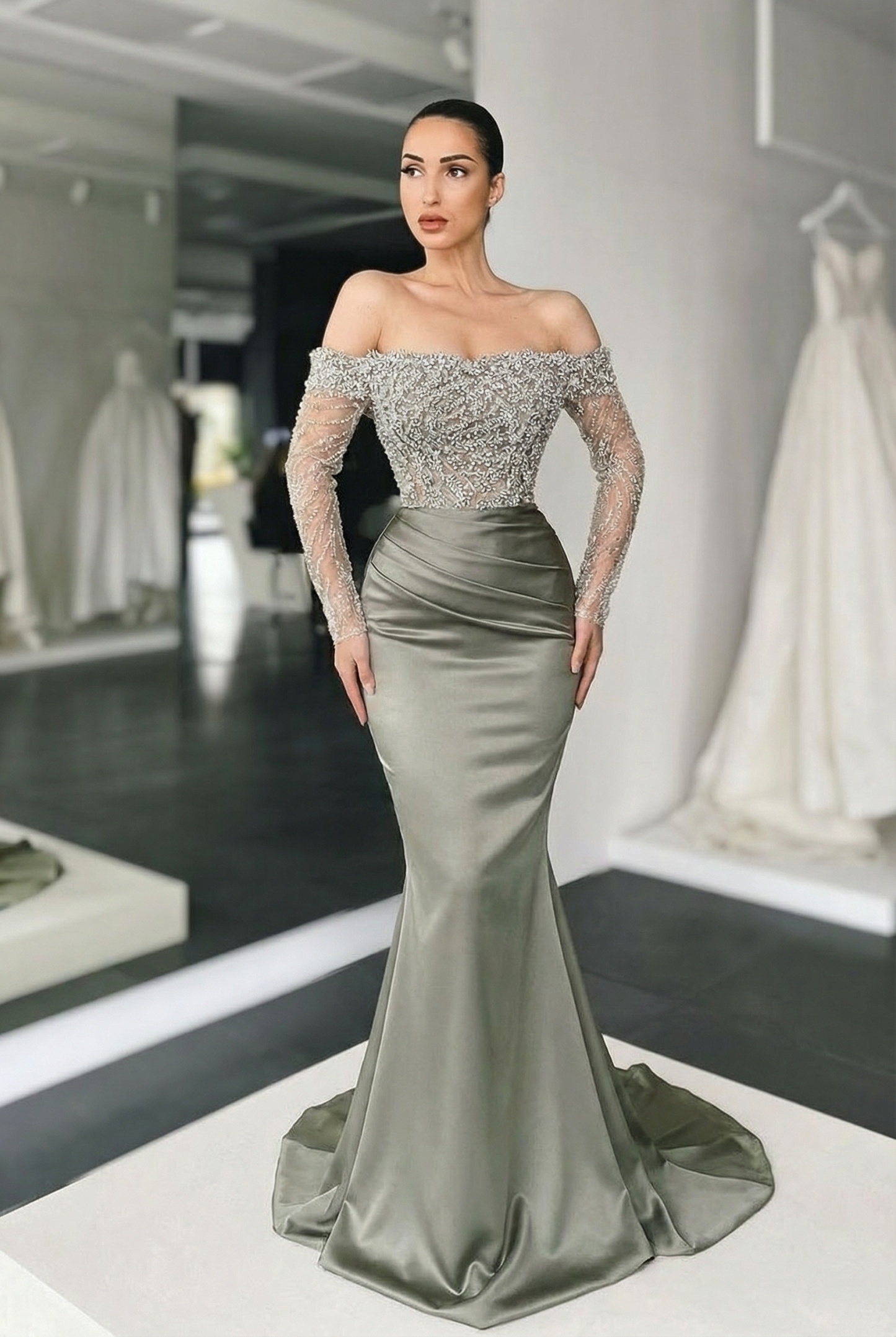 Long Mermaid Off the Shoulder Satin Prom Dress with Sleeves