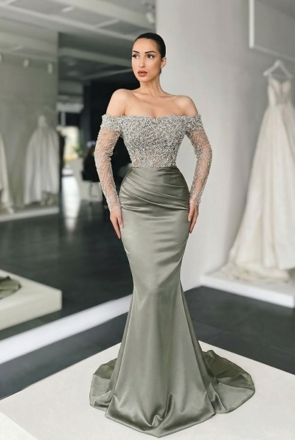 Long Mermaid Off the Shoulder Satin Prom Dress with Sleeves