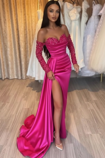 Long Mermaid Off the Shoulder Satin Front Slit Prom Dresses with Sleeves