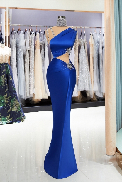 Long Mermaid One Shoulder Satin Beading Lace Formal Prom Dresses with Sleeves