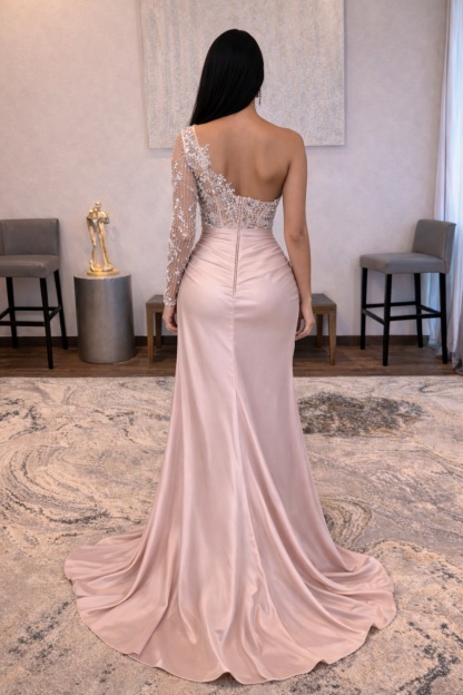 Long Mermaid One Shoulder Satin High Split Beading Prom Dresses