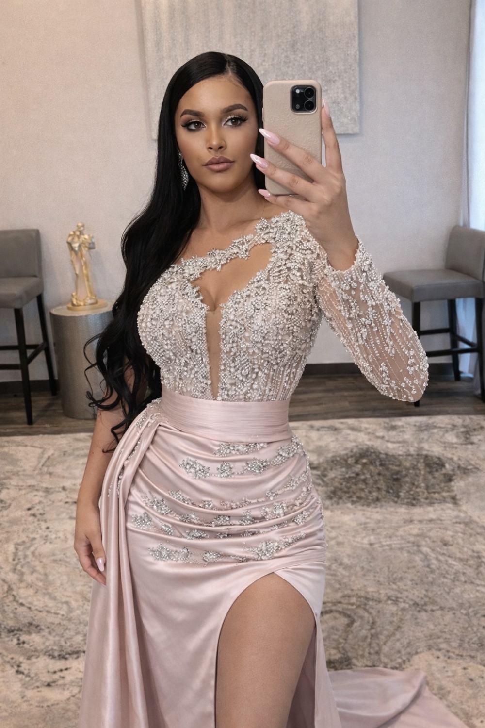 Long Mermaid One Shoulder Satin High Split Beading Prom Dresses