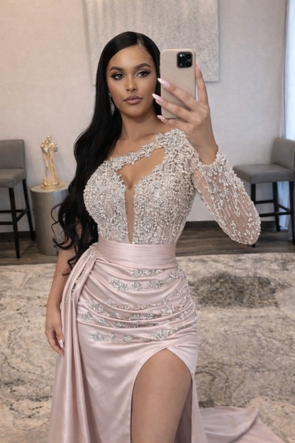 Long Mermaid One Shoulder Satin High Split Beading Prom Dresses