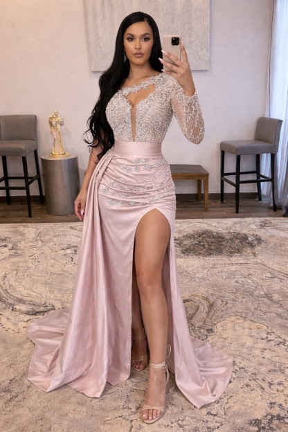 Long Mermaid One Shoulder Satin High Split Beading Prom Dresses