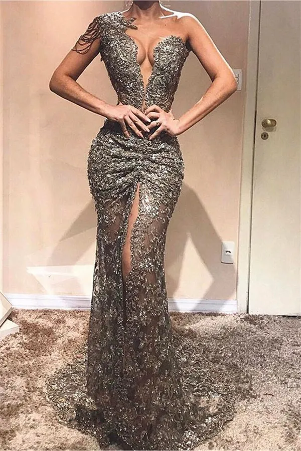 Long Mermaid One Shoulder Tulle Lace Formal Prom Dress with Slit