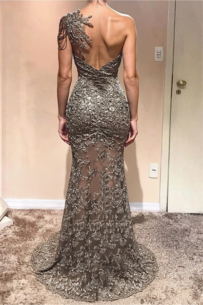 Long Mermaid One Shoulder Tulle Lace Formal Prom Dress with Slit