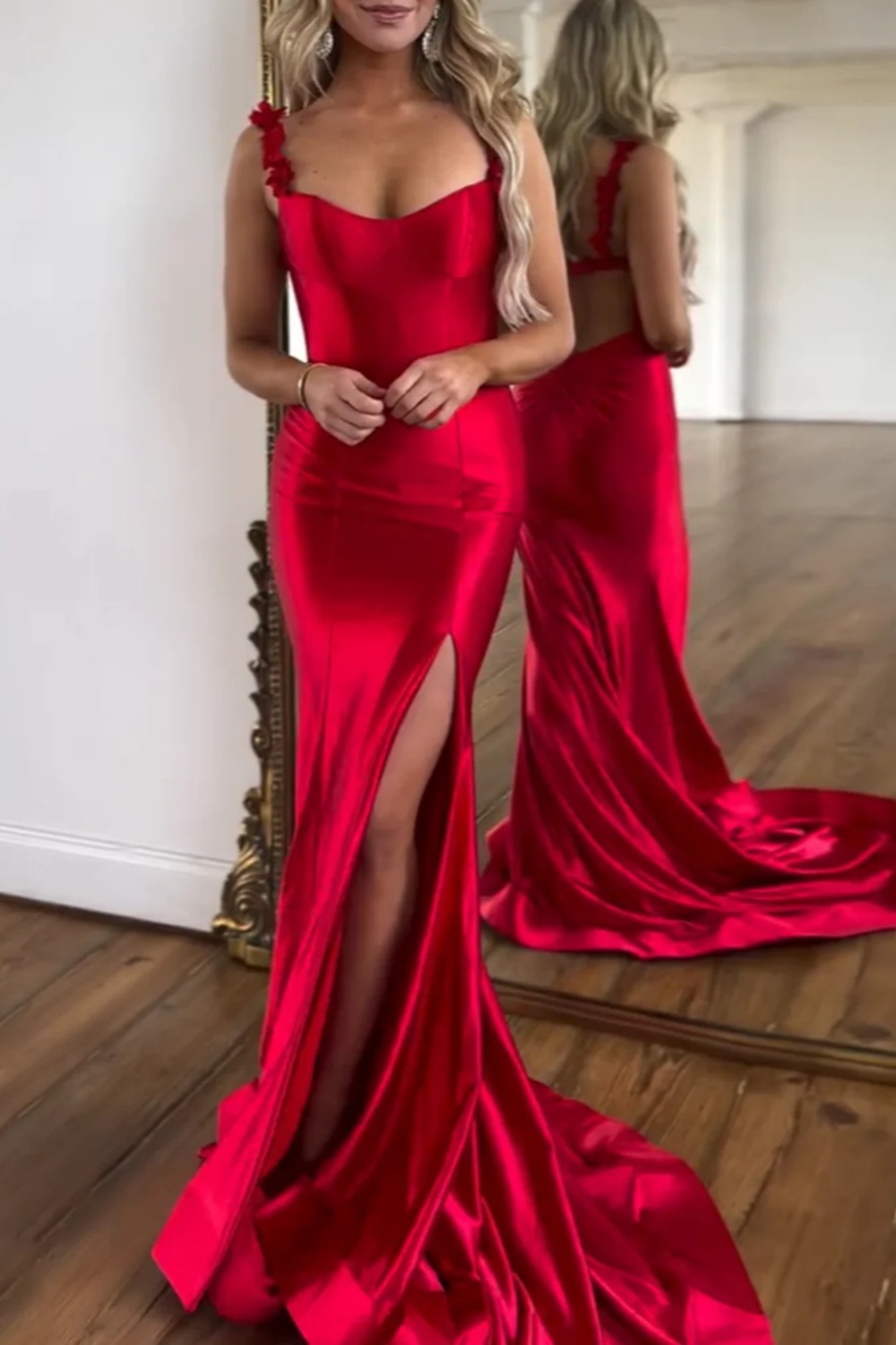 Red Mermaid Sweetheart Satin Back Long Prom Dress with Slit