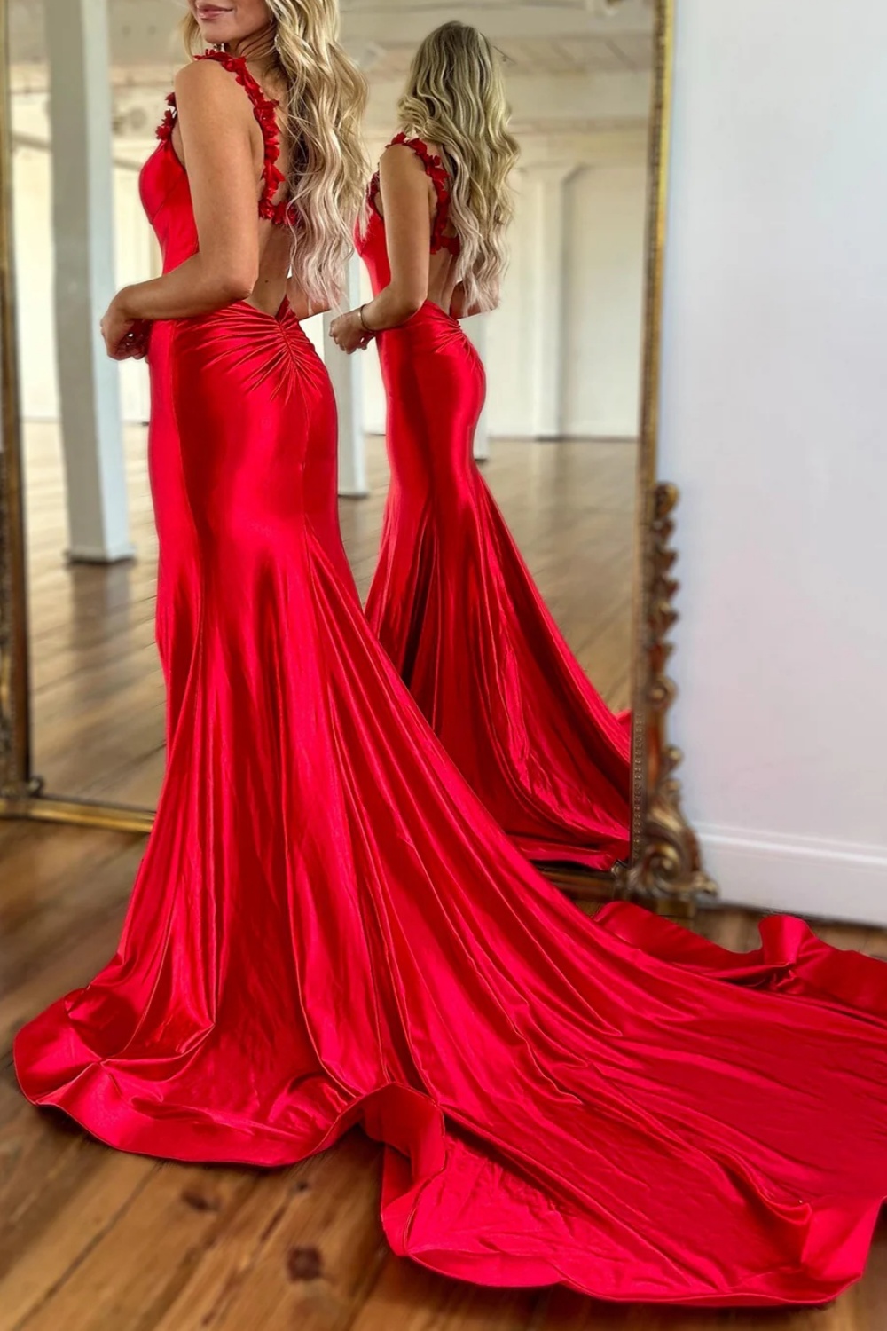 Red Mermaid Sweetheart Satin Back Long Prom Dress with Slit