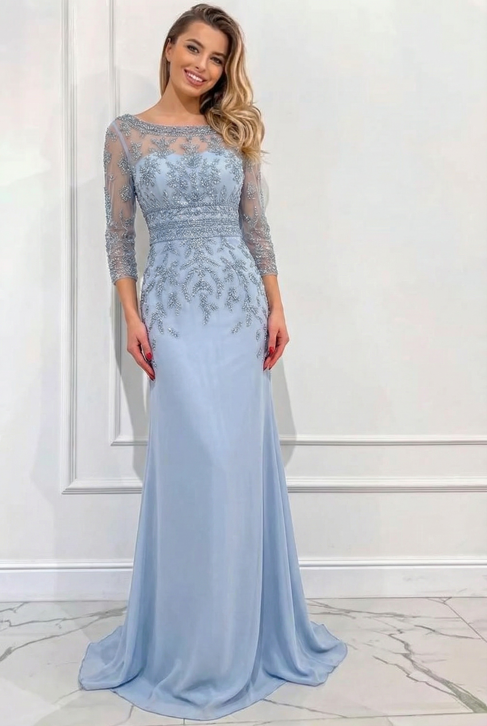 Long Scoop Floor Length Sequined Chiffon Mermaid Formal Prom Dresses with Sleeves