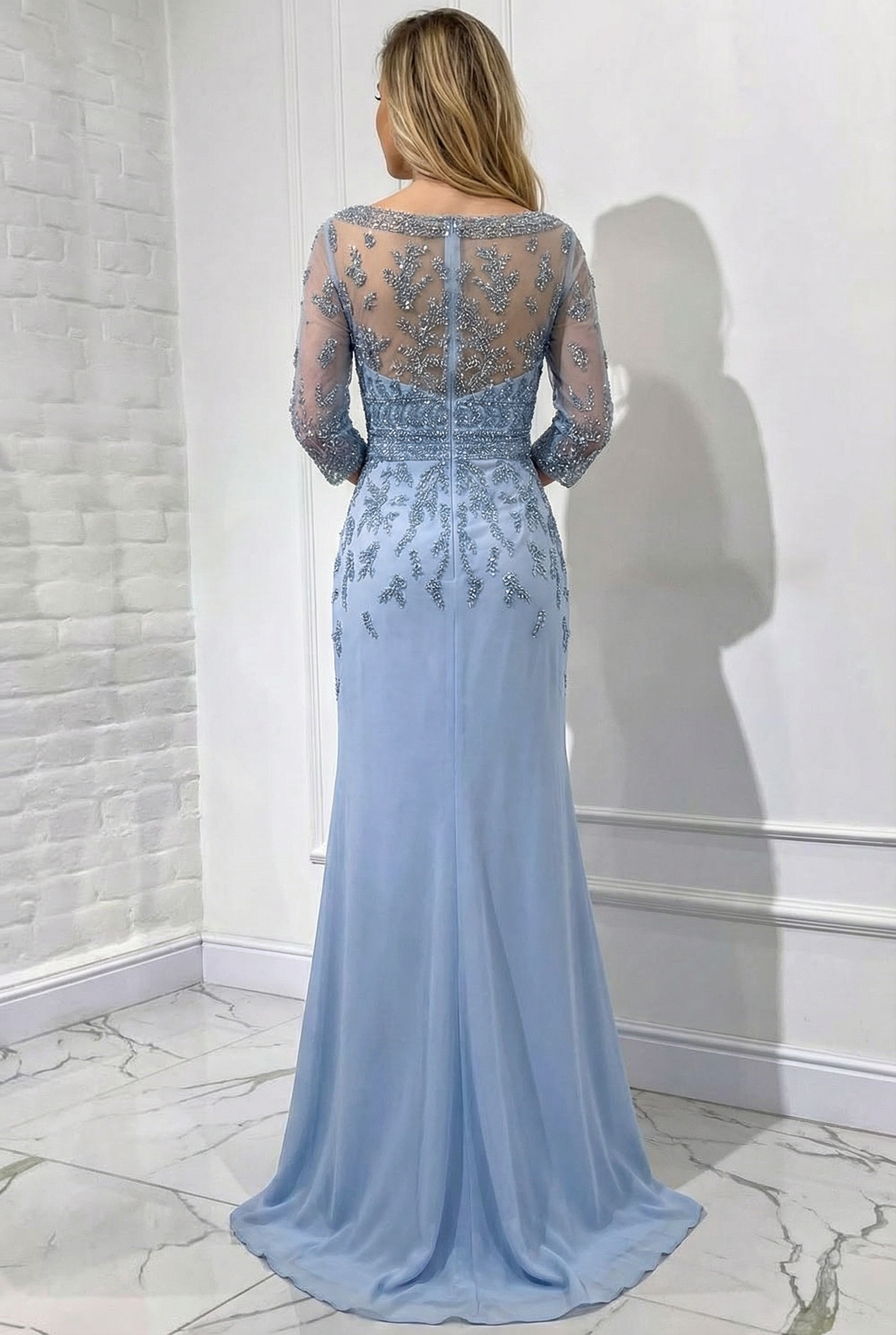 Long Scoop Floor Length Sequined Chiffon Mermaid Formal Prom Dresses with Sleeves